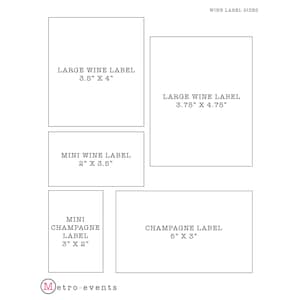 Pu&ograve; includere: Un diagramma che mostra diverse dimensioni di etichette per vino e champagne. Le etichette sono mostrate in contorni neri con le dimensioni indicate in pollici. Il testo "WINE LABEL SIZES" &egrave; in cima al diagramma.