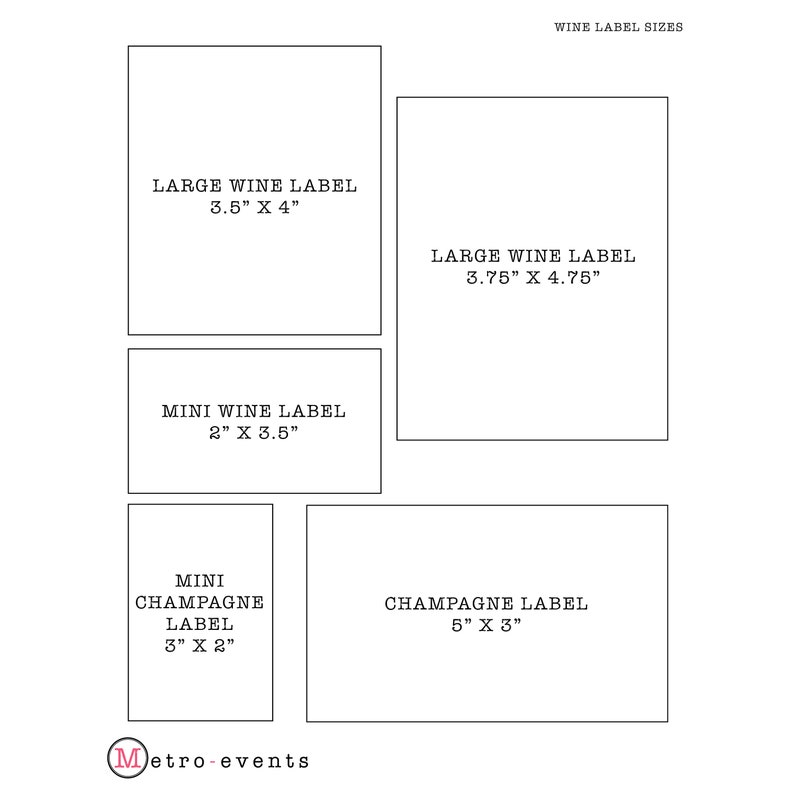 Pu&ograve; includere: Un diagramma che mostra diverse dimensioni di etichette per vino e champagne. Le etichette sono mostrate in contorni neri con le dimensioni indicate in pollici. Il testo "WINE LABEL SIZES" &egrave; in cima al diagramma.