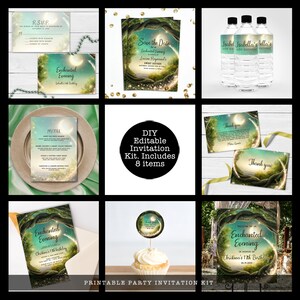 Enchanted Forest Themed Party Kit. This beautiful design is created with a fairy tale themed with a mystical forest, moon, and glitter streaming throughout it. Designed by MetroEvents.