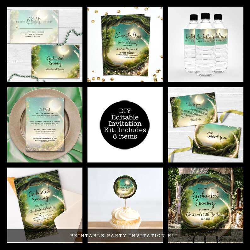 Enchanted Forest Themed Party Kit. This beautiful design is created with a fairy tale themed with a mystical forest, moon, and glitter streaming throughout it. Designed by MetroEvents.