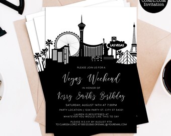 May include: Black and white invitation with a Las Vegas skyline silhouette. The invitation reads "Vegas Weekend" and includes event details. The design features the Eiffel Tower, the Statue of Liberty, and the High Roller.