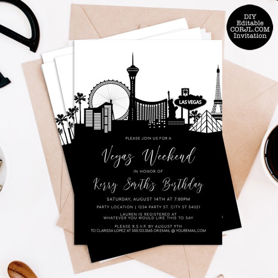 Las Vegas Weekend Invitation, Bachelorette Invitation, Black & White Vegas Invite, Printable Invitation, Instant Download, Corjl Template Il_570xn