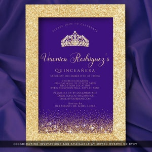 May include: A quincea&ntilde;era invitation with a gold glitter frame and a deep purple background. The invitation features a gold tiara, the name "Veronica Rodriguez's", and event details in elegant script. The bottom border has gold glitter and star accents.