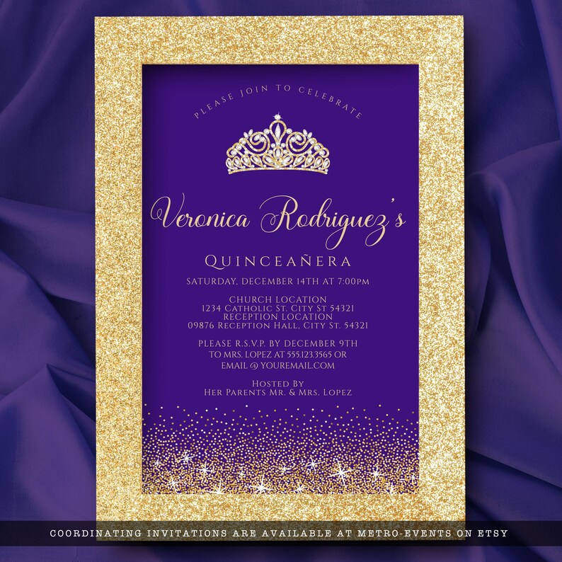 May include: A quincea&ntilde;era invitation with a gold glitter frame and a deep purple background. The invitation features a gold tiara, the name "Veronica Rodriguez's", and event details in elegant script. The bottom border has gold glitter and star accents.