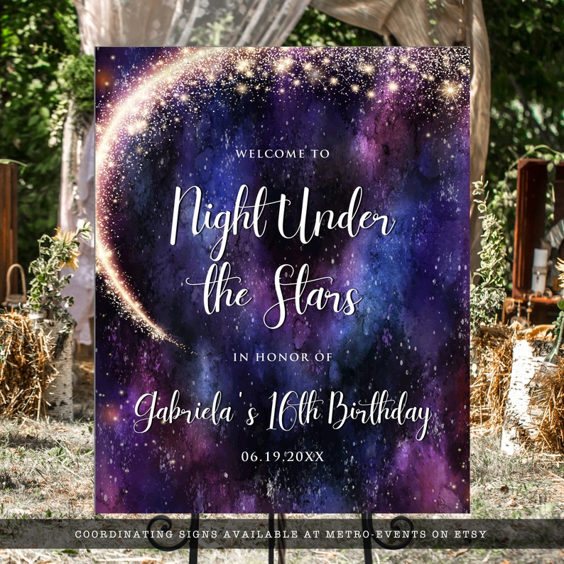 Night under the stars, galaxy-themed welcome sign. This design is created with a star-filled purple and blue starry sky background with a half-ring of shooting stars training through it. Designed by MetroEvents.