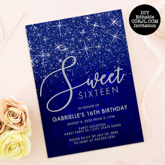 Blue and Silver Glitter Sweet Sixteen Party Invitation, Sweet 16 Printable Invitation, Printable Invite, Royal Blue Sweet 16, Corjl Template Il_570xn