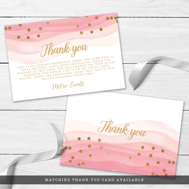 May include: Two pink and white thank you cards with gold text and polka dots. The cards have a watercolor design and the words "Thank you" in elegant script. The text on the card says "This is an instant download thank you card that is fully editable."