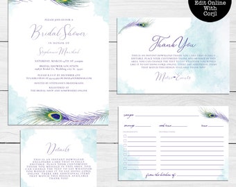 Boho Feather Bridal Shower Invitation Set, Printable Invitations, Editable Files, Recipe Card, Instant download, Thank You, Corjl Template