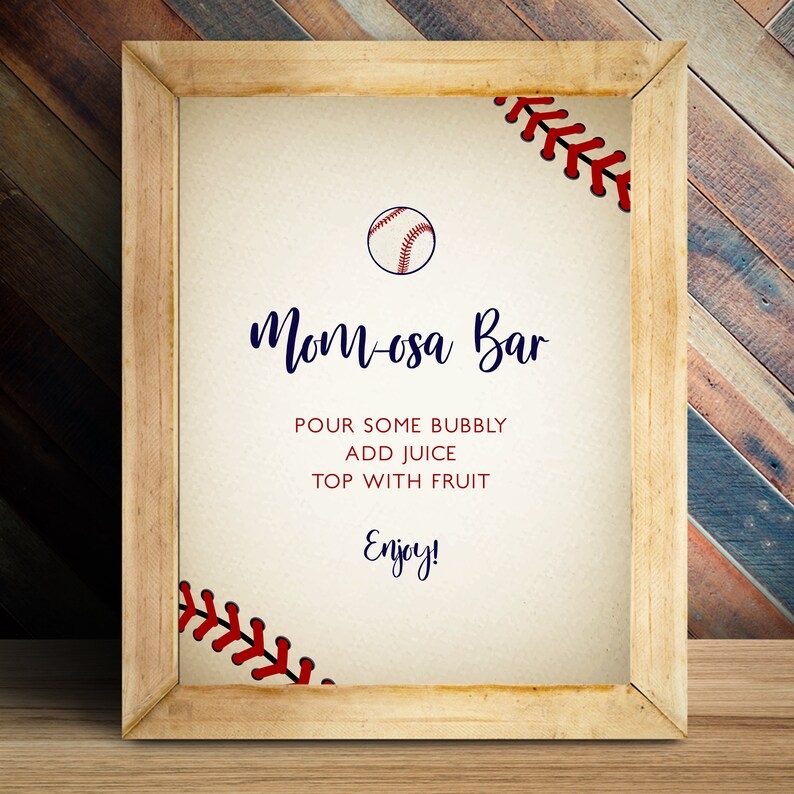 Vintage Baseball Baby Shower Mimosa SIgns and Labels. Created with a vintage texture background accented with baseball laces. Designed by MetroEvents.