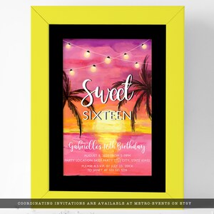 May include: A framed Sweet Sixteen invitation with a sunset background, palm trees, and string lights. The invitation includes the text "Sweet Sixteen," the name "Gabrielle's," date, time, location, and RSVP information. The frame is yellow.