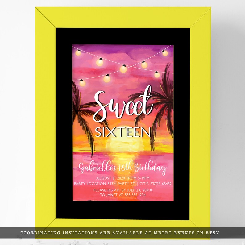 May include: A framed Sweet Sixteen invitation with a sunset background, palm trees, and string lights. The invitation includes the text "Sweet Sixteen," the name "Gabrielle's," date, time, location, and RSVP information. The frame is yellow.