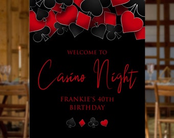 Signes de bienvenue sur le thème du casino, signe de la partie de poker, signe de la fête imprimable, téléchargement immédiat, signe rouge et noir, signe de la fête sur le thème de Las Vegas