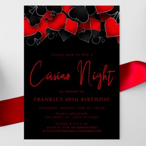 Casino night party invitation designed with hearts, diamonds, clubs, and spades framing the top in red and black. Designed By MetroEvents.