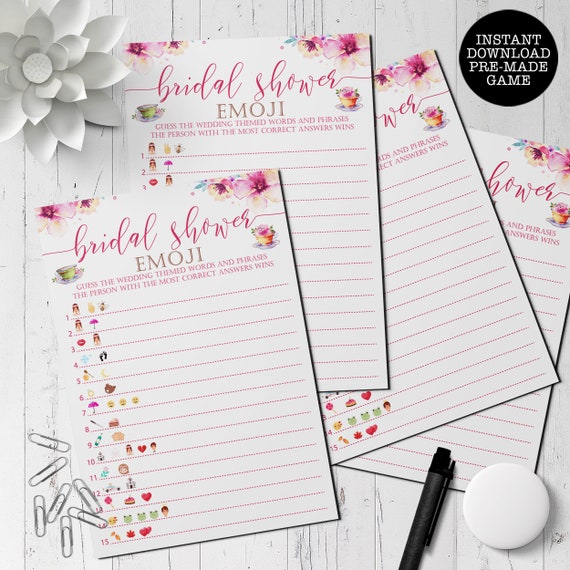 Tea Party Bridal Shower Game, Pictionary Game, Emoji game, Pink Floral Wedding Shower Games, Instant Download, Shower Game, Printable Games Il_570xn