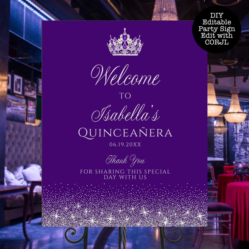 A glam style sweet sixteen and quinceanera welcome sign. This glittery design is created with faux silver glitter on a purple background and a princess crown. Designed by MetroEvents.