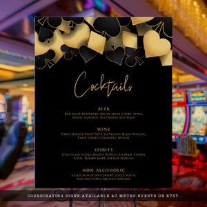 Casino night cocktail menu designed with hearts, diamonds, clubs, and spades framing the top in red and black. Designed By MetroEvents.