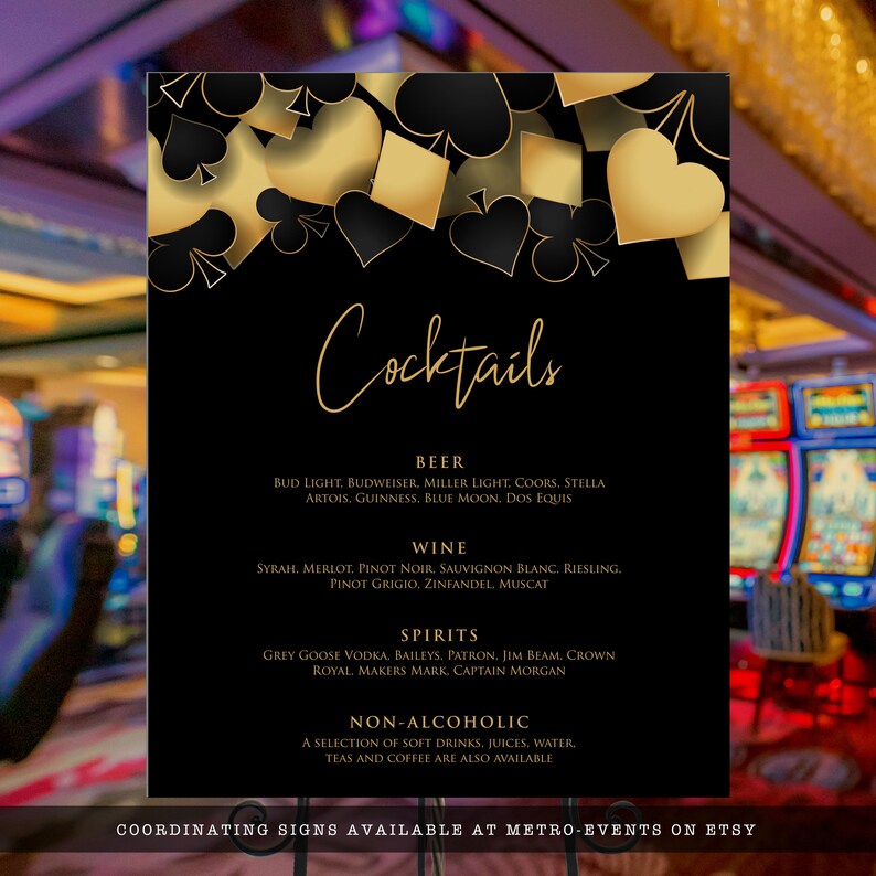 Casino night cocktail menu designed with hearts, diamonds, clubs, and spades framing the top in red and black. Designed By MetroEvents.