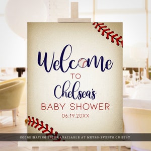 Vintage Baseball Baby Shower Welcome Signs. Created with a vintage texture background accented with baseball laces. Designed by MetroEvents.