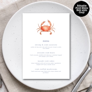 Menú de comida Crab Fest, Menú de fiesta de mariscos, Menú temático de playa, Menú de cena, Menú editable, Descarga instantánea, Menú imprimible, Plantilla Corjl