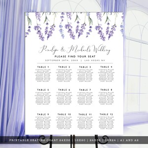 May include: A wedding seating chart with a lavender floral design. The names of the wedding couple, date, and location are at the top. The chart lists guest names under table numbers. The chart is on a white background.