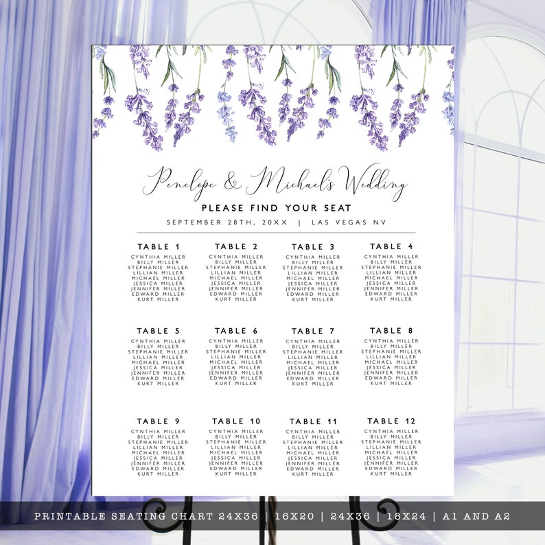 May include: A wedding seating chart with a lavender floral design. The names of the wedding couple, date, and location are at the top. The chart lists guest names under table numbers. The chart is on a white background.