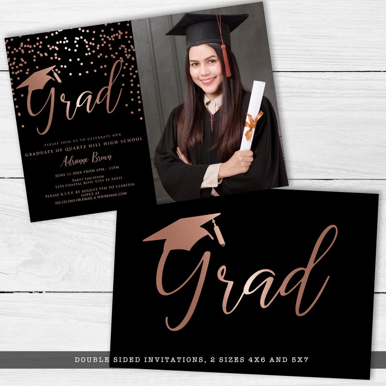Printable Graduation Invitation Black Rose Gold Faux Foil Etsy