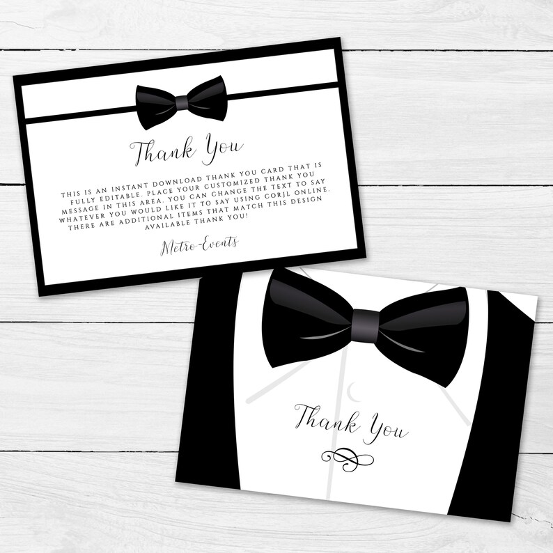 Editable black and white thank you card great for galas, black tie weddings, charity auctions, corporate parties & more. Featuring a tuxedo bowtie and elegant, editable typography. Designed by MetroEvents.