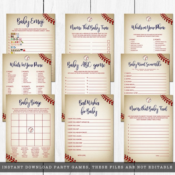 Vintage Baseball Printable Baby Shower Games, Baseball Themed Baby Shower Games, Baby Shower Games, Instant Download, Emoji, Price is Right