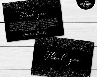 Black and Silver Thank You Card, Silver Glitter Card, Printable Thank You Card, Instant Download, Editable Thank You Card, Corjl Template