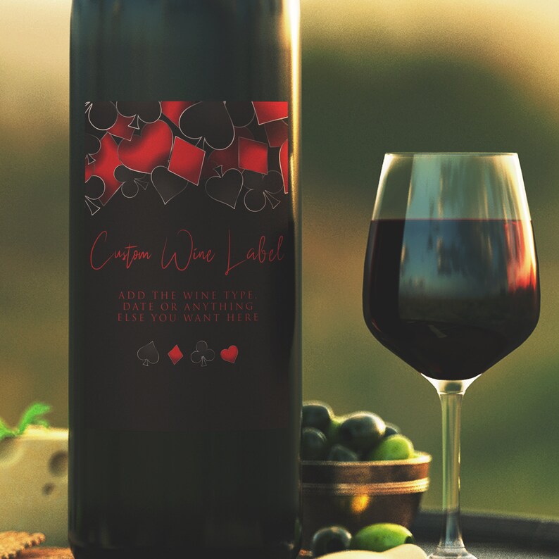 Roll the dice, throw down your royal flush it's casino night! Fun and elegant adult party wine labels are designed with a black background with hearts, spades, diamonds, and clubs' upper frame. Designed by MetroEvents