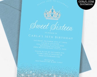 Baby Blue and Silver Sweet 16 Party Invitation, Sweet 16 Birthday Invitation, Printable Sweet 16 Invitation, Corjl Template Instant Download