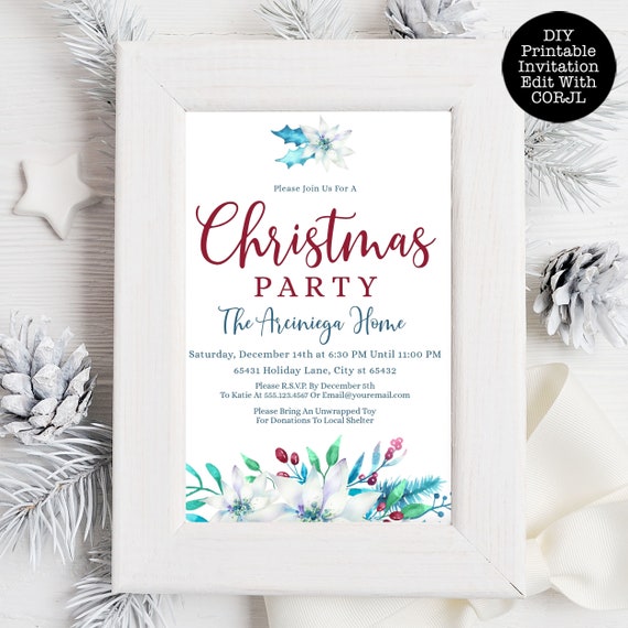 Holiday Party Invitation, Christmas Printable, Editable Template, Edit with CORJL, Printable Invitation, Christmas Invitation, Floral Invite Il_570xn