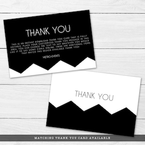 Modern black and white thank you card. This minimalist design features black and white zig-zag graphics with contemporary typography. Designed By MetroEvents.