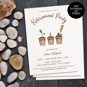 Convite editável para festa de aposentadoria, convite para festa no jardim, convite para aposentadoria para impressão, convite com tema de jardinagem, modelo Corjl,