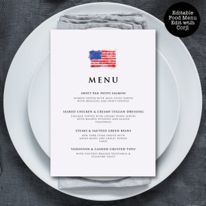 Menú de comida de bandera americana, menú de cena rojo y azul, menú de comida, menú de cena, menú de cena editable, descarga instantánea, imprimible, plantilla Corjl