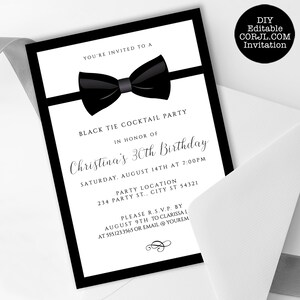 Editable black and white invitation great for galas, black tie weddings, charity auctions, corporate parties & more. Featuring a tuxedo bowtie and elegant, editable typography. Designed by MetroEvents.