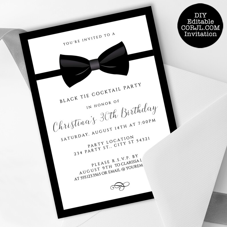 Editable black and white invitation great for galas, black tie weddings, charity auctions, corporate parties & more. Featuring a tuxedo bowtie and elegant, editable typography. Designed by MetroEvents.