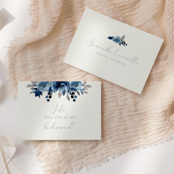 Printable Bridesmaid card with Dusty Blue Floral and White Instant Download Maid of Honor Proposal Bridesmaid Template Corjl Template Il_570xn