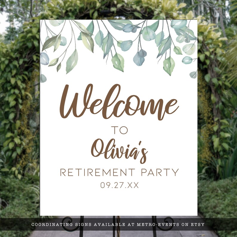 Greenery, Cottagecore-Style party welcome Sign. Features soft green leaves covering the corners with a watercolor-style texture. Designed By MetroEvents.