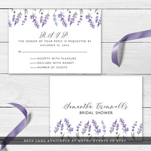 Digital rsvp card for lavender wildflower baby shower featuring watercolor illustrations of wildflowers on a soft purple background.