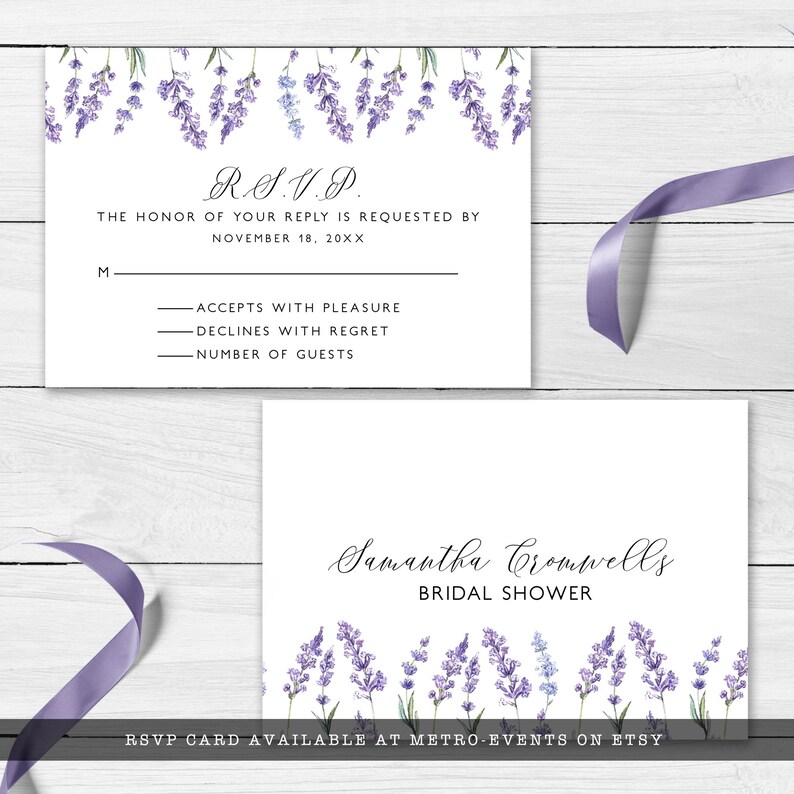 Digital rsvp card for lavender wildflower baby shower featuring watercolor illustrations of wildflowers on a soft purple background.