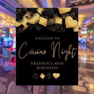 These fun casino night welcome sign are designed with a black background with hearts, spades, diamonds, and clubs upper frame. Designed By MetroEvents