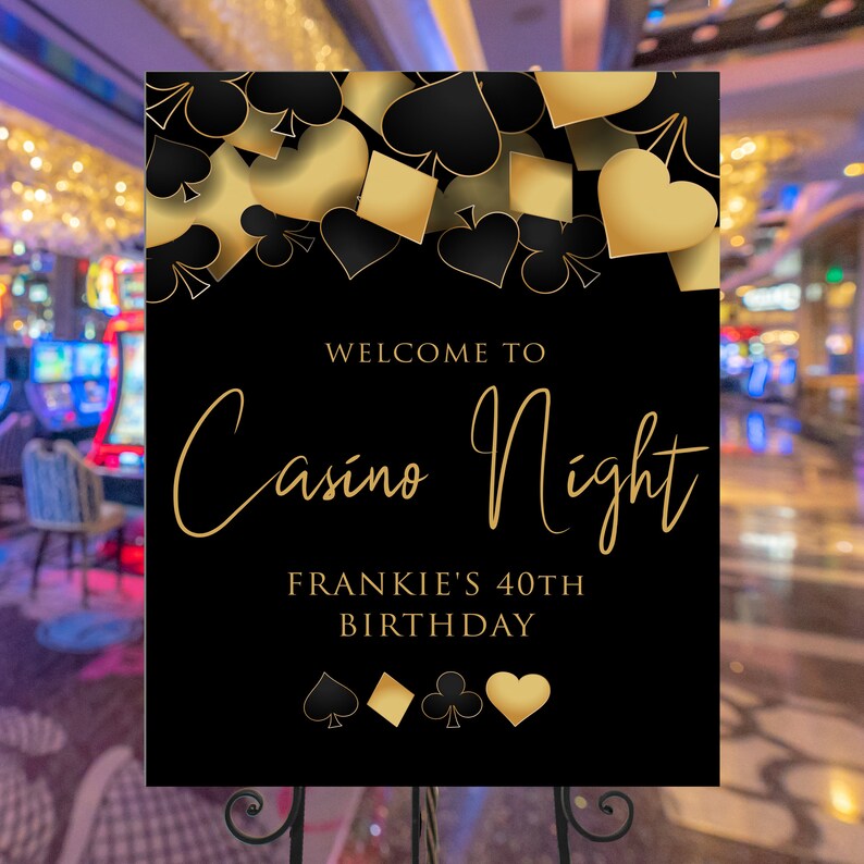 These fun casino night welcome sign are designed with a black background with hearts, spades, diamonds, and clubs upper frame. Designed By MetroEvents