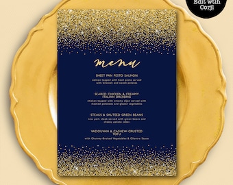 Navy and Gold Glitter Food Menu, Dinner Party Menu, Food Menu, Dinner Menu, Editable Dinner Menu, Instant Download, Printable Menu, Corjl