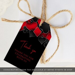 Roll the dice, throw down your royal flush it's casino night! Fun and elegant adult party favor tag are designed with a black background with hearts, spades, diamonds, and clubs' upper frame. Designed by MetroEvents