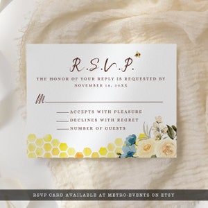 Bride-to-be Bridal Shower Bee-Themed RSVP card with Blue and White Flowers, Honeycomb, and Bees.