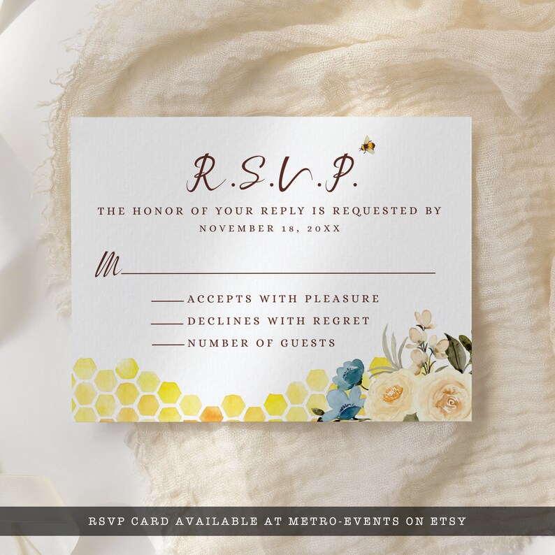 Bride-to-be Bridal Shower Bee-Themed RSVP card with Blue and White Flowers, Honeycomb, and Bees.