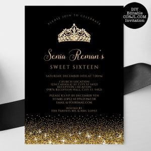 Gold Glitter Sweet Sixteen Invitations, Glam Sweet 16 Party Invitations, Black and Gold Invitations, Printable Princess Sweet 16 Invitations