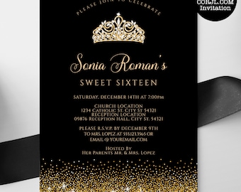 Gold Glitter Sweet Sixteen Invitations, Glam Sweet 16 Party Invitations, Black and Gold Invitations, Printable Princess Sweet 16 Invitations