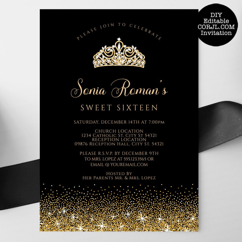 Gold and Black Glitter Sweet 16 Invitations. Designed with sparkles, faux gold glitter, and a gold crown with diamond accents for a fabulous birthday. Designed By MetroEvents